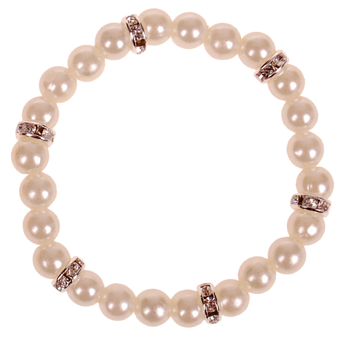 Kinderarmbandje - Zilverkleurige Spacers met Strass - Ivoorkleurige Pareltjes 6mm