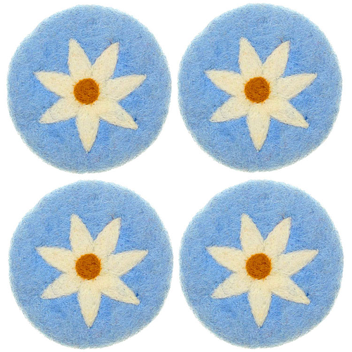 Vilten Onderzetters - Set 4 stuks - Blauw met Witte Margriet - 10 cm - Fairtrade