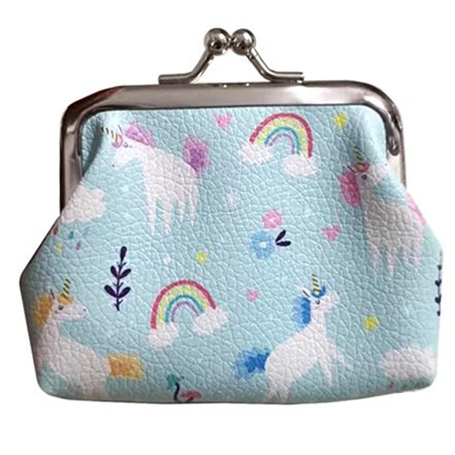 Knip Portemonnee Eenhoorn Magic Lichtblauw met Regenboog en Bloemen - Zilverkleurige Knipbeugel - 8x9x1,5cm