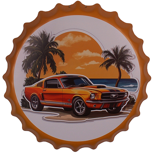 Bierdop/Kroonkurk Metaal - Musclecar & Palmbomen - Geel - 40cm