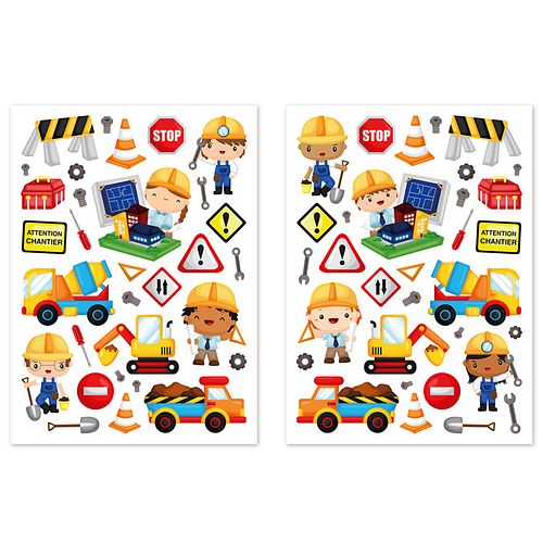 Stickers - Bouwplaats Verkeersborden/Gereedschappen/Bouwvakkers - Scrapbook Hobby DIY - 2 Stickervellen - 0.9-6cm - 63 Stuks