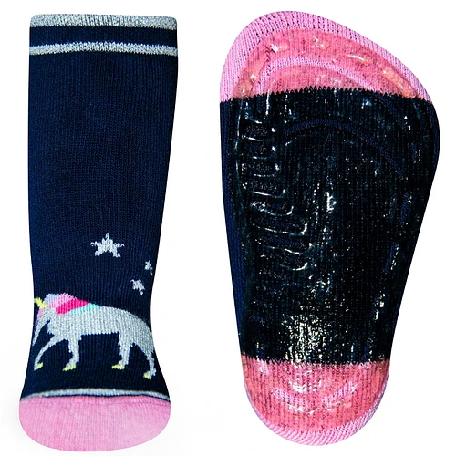 Antislipsok donkerblauw met eenhoorn van glitters 