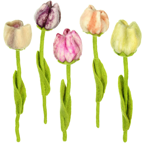 Vilt Bloemen - Tulpen Kleuren Assorti  - Set 5 stuks - 40cm - Fairtrade Homedecoratie