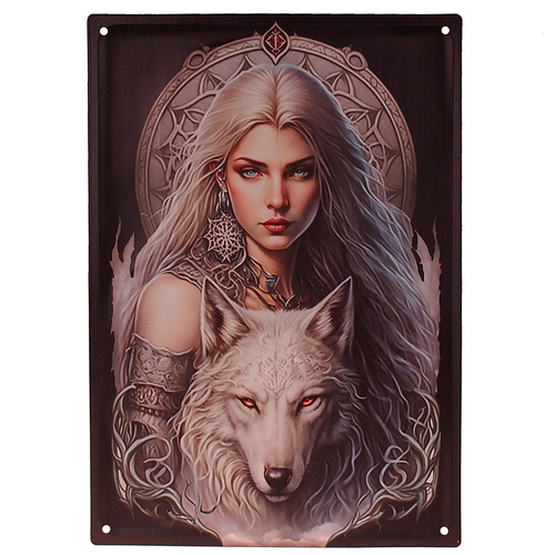 Metalen Wandbord 3D Relief - Dromerige Mystic Sneeuwelf/Fee met Witte Wolf Fantasy - Homedeco - 28x40,5cm