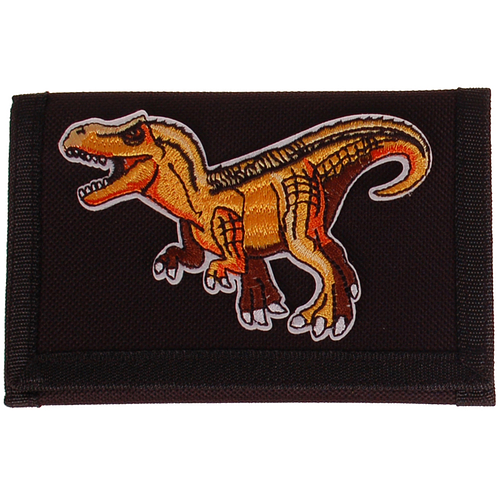 Zwarte klittenbandportemonnee 12x9cm - Applicatie dinosaurus T-Rex oranje/bruin 10x6cm