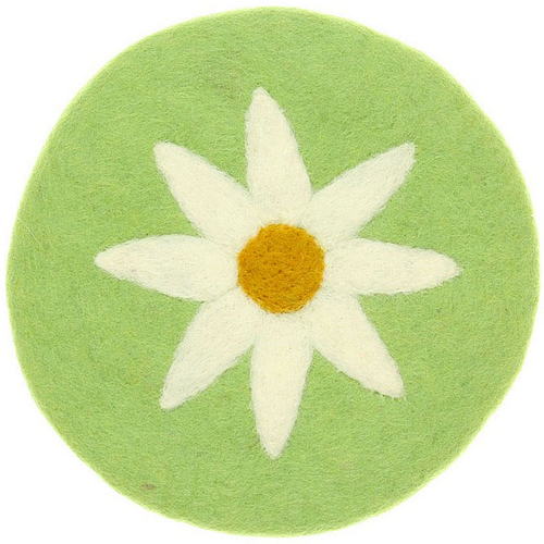 Vilten Onderzetter Rond - Groen met Witte Margriet - 20 cm - Fairtrade Homedeco