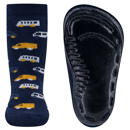 Antislipsokken Ewers Kindermaat - Donkerblauw met Bussen & Vrachtauto Grijs & Oker & Blauw - Siliconenzool