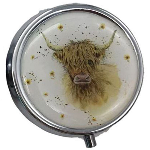 Pillendoosje Highland Koe met Bloemen - 1,5x5x5cm (LxBxD)