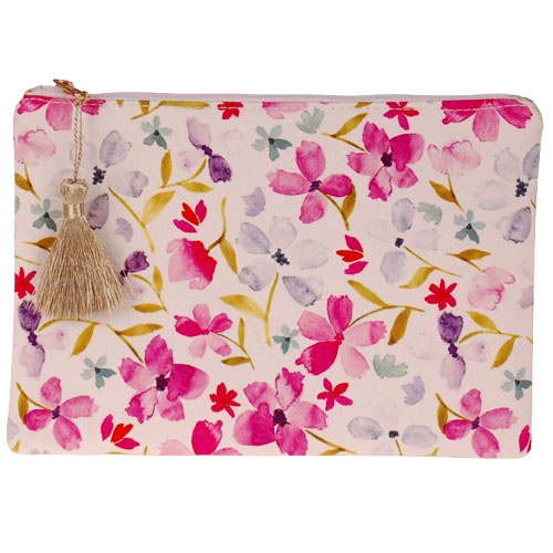 Toilettasje / Etui - Wit - Bloemen Aquarel Print Fuchsia & Paars - Ritssluiting & Goudkleurig Kwastje - 20,5x14cm