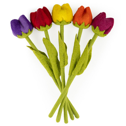 Vilt Bloemen - Tulpen Complete Set 5 Stuks - Paars&Rood&Geel&Oranje&Fuchsia - 40cm - Fairtrade Homedecoratie