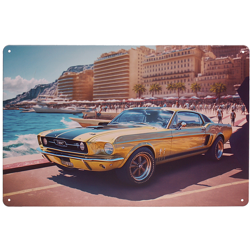 Metalen Plaatje - Mustang Geel/Zwart  Classic Muscle Car - Beach Boulevard - 20x30cm