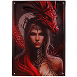 Metalen Wandbord 3D Relief - Mystic Elf/Fee met Rode Draak Fantasy - Homedeco - 28x40,5cm