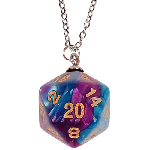Ketting Zilverkleurig 55cm - Hanger DnD D20 dobbelsteen paars/blauw 2,5cm