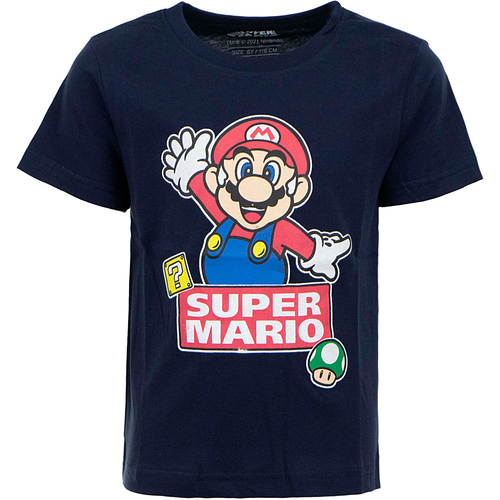 T-shirt Kindermaat - Super Mario/1UP Mushroom/Question Block - donkerblauw Korte Mouw