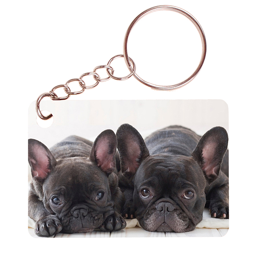 Sleutelhanger 6x4cm - Franse Bulldog Pups Duo op Kleed