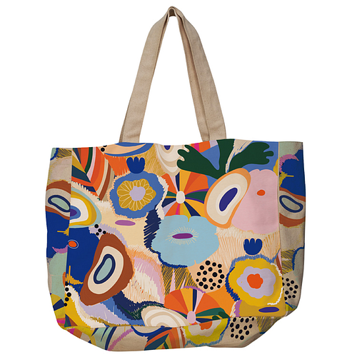 Grote tas - Kleurrijke Abstracte Bloemen - Biologisch Katoen - 48x14x42cm