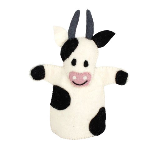 Vilten handpop koe zwart/wit - 32 cm