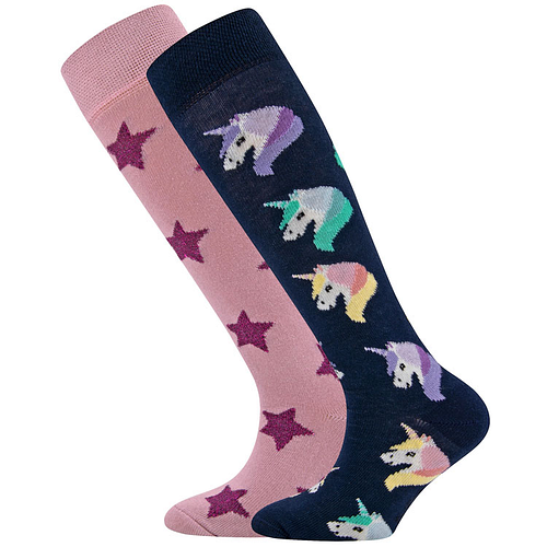 Kniekousen Ewers Kindermaat - DUOPACK - Roze & Donkerblauw met Sterren & Eenhoorn Hoofden