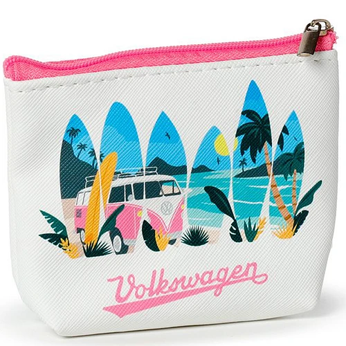 Ritsportemonnee - Volkswagen VW Busje T1 - Beach - Wit/Roze - 8x11x3cm