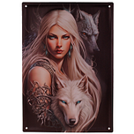 Metalen Wandbord 3D Relief - Mystic Elf/Fee Blauwe Ogen met Witte & Grijze Wolf Fantasy - Homedeco - 28x40,5cm