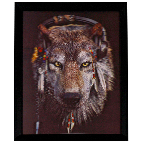 Poster 3D met Lijst - Wolf Indian Look & Headphone - 43x33cm