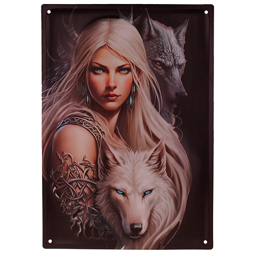 Metalen Wandbord 3D Relief - Mystic Elf/Fee Blauwe Ogen met Witte & Grijze Wolf Fantasy - Homedeco - 28x40,5cm