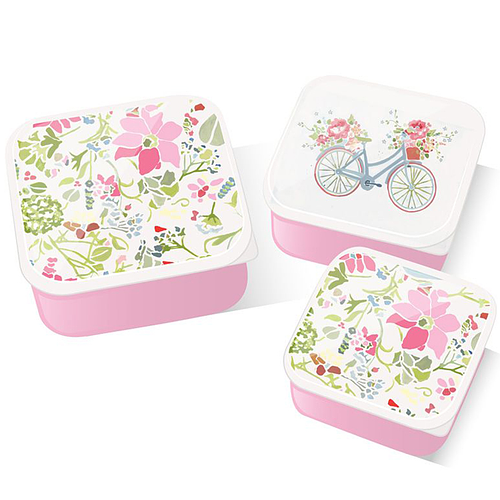 Lunchbox Snackbox - Pink Botanical - Roze - Set 3-delig M/L/XL Nestbaar - 6x13,5x13,5cm(XL)