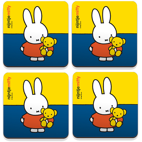 Onderzetters Set 4-Delig - Nijntje met Beer - Geel/Blauw/Wit/Oranje - Miffy - Kurk - 19,5x19,5cm