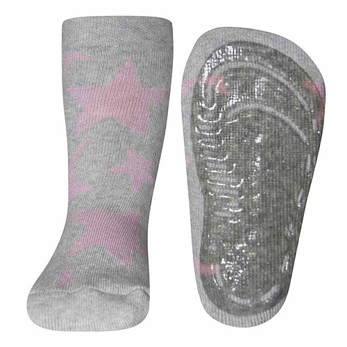  Antislip sokken lichtgrijs met roze sterren
