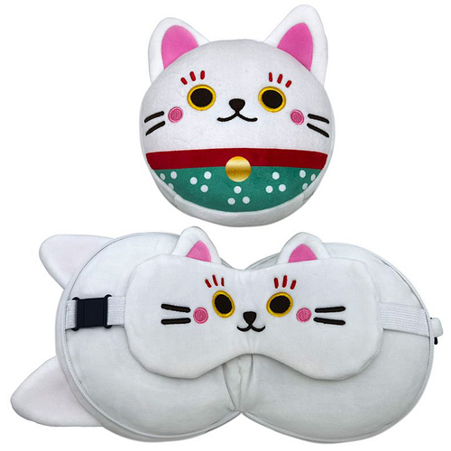 Reiskussen & Slaapmasker - Maneki Neko Gelukskat - Relaxeazzz - Wit - 16x15,5x10,5cm/15,5x28,5x7cm