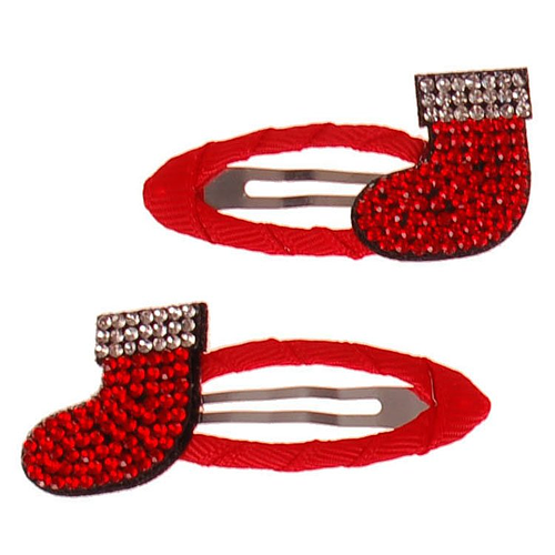 Kerst Haarclipjes - Set - Glittersteentjes Rode Sokjes met Witte Rand - 5,5cm