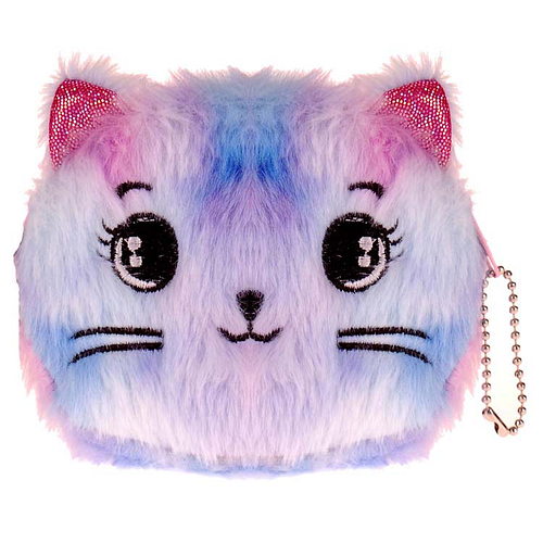 Portemonnee Pluche - Poezenhoofd Fluffy - Glitter Oortjes - Rainbow Blauw/Lila - Ritsje - 10x9x2cm