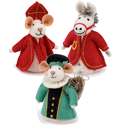 Vilten Sintermuis, Paard en  Piet Turquoise met Jute Zak - 18cm