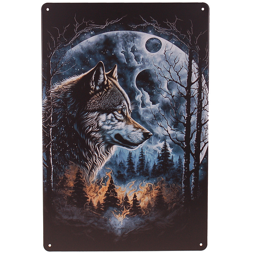 Metalen Plaatje - Wolf & Maan boven Bos - 20x30cm