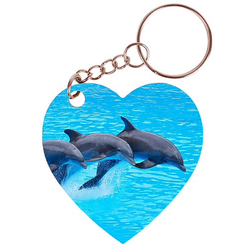 Sleutelhanger hartje 5x5cm - 3 Dolfijnen in sprong Gespiegeld