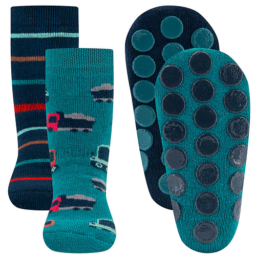 Antislipsokken Ewers Kindermaat - DUOPACK - Petrol & Donkerblauw met Vrachtautos/Kranen & Streepjes - Siliconen Noppen