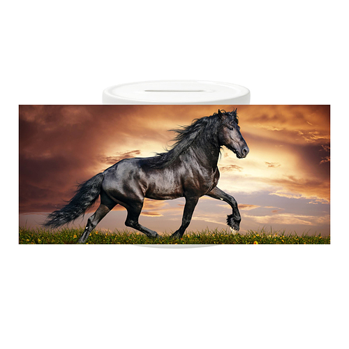 Spaarpot - Zwart paard - Fries Paard op bruine achtergrond