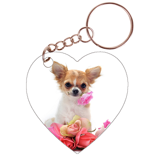 Sleutelhanger hartje 5x5cm - Chihuahua met Roze Rozen