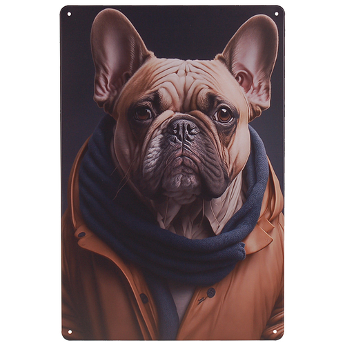 Metalen Plaatje - Bulldog met Sjaal & Jas - Antropomorf - 20x30cm