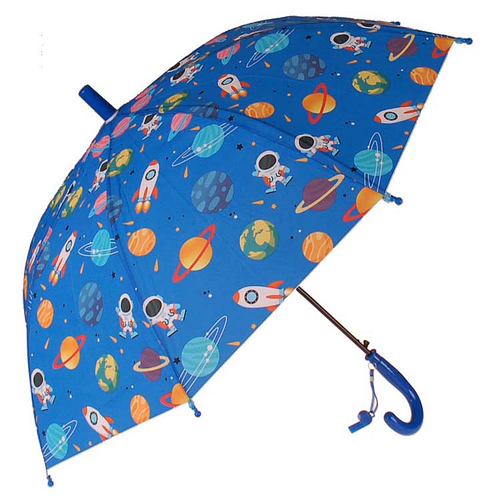 Paraplu Kind - Space/Ruimte - Planeten/Raketten/Astronauten - Blauw & Oranje - Fluitje - 80cm