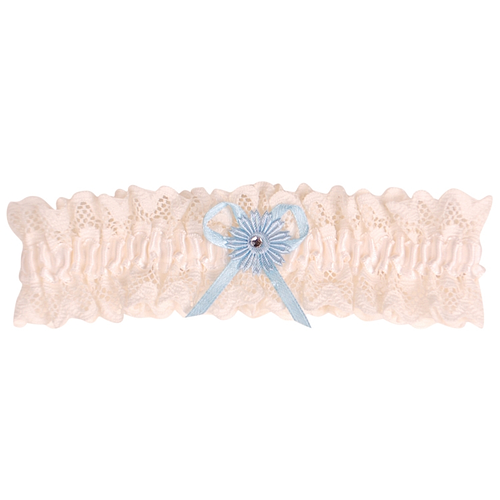 Kousenband ivoor kant met blauwe bloem en strass 