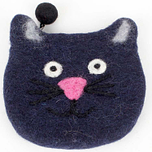 Vilten portemonnee kattenkop donkerblauw - 10x13cm