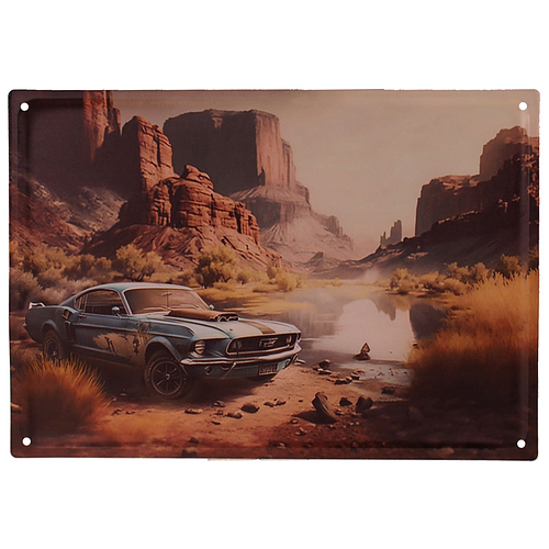 Metalen Wandbord 3D Relief - Blauwe 60s Mustang Fastback & Canyon - Homedeco - 40,5x28cm