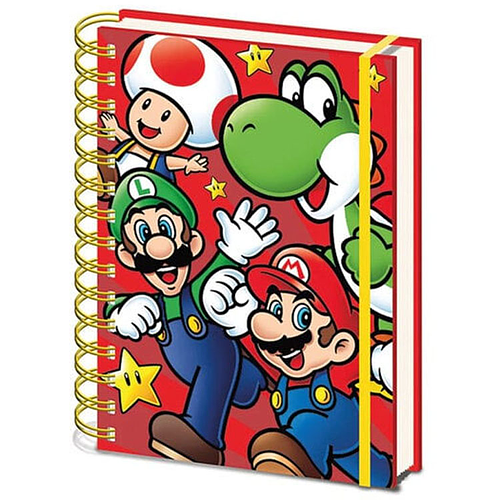 Notitieboek Super Mario - A5 Gelinieerd Ringband - Toad & Yoshi & Luigi & Mario - Rood met Elastiek