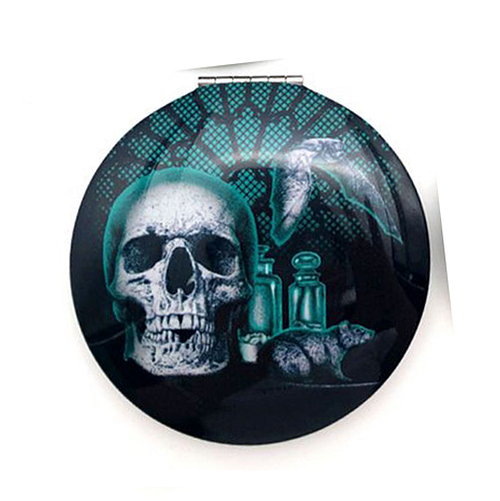 Spiegeltje Make-Up Compact Klep - Gothica Skull Nocturne Groen Front - 6.5x6.5x1cm