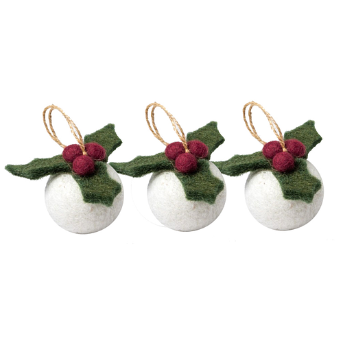 Kerstballen Vilt - Hulst / Holly Berry Small 3D - 5cm - Set 3 stuks - Rond -Fairtrade