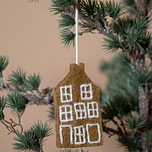 Hanger Vilt - Grachtenhuisje Tuitgevel Geborduurd - Gingerbread - 11x6cm - Karamelbruin/Wit - Fairtrade