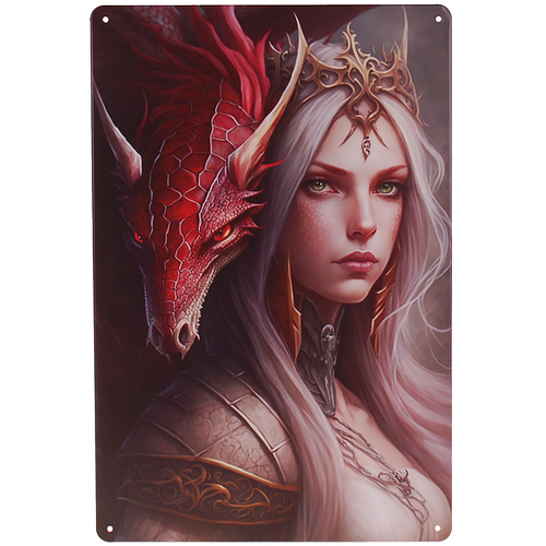 Metalen Plaatje - Mystique Dame met Rode Draak - Fantasy - 20x30cm