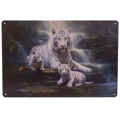 Metalen Plaatje - Witte Tijger met Welpen bij Waterval - 20x30cm