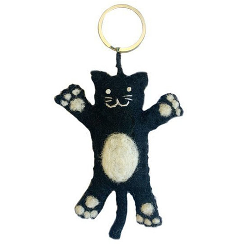 Vilten sleutelhanger/tashanger kat zwart/wit - 9cm